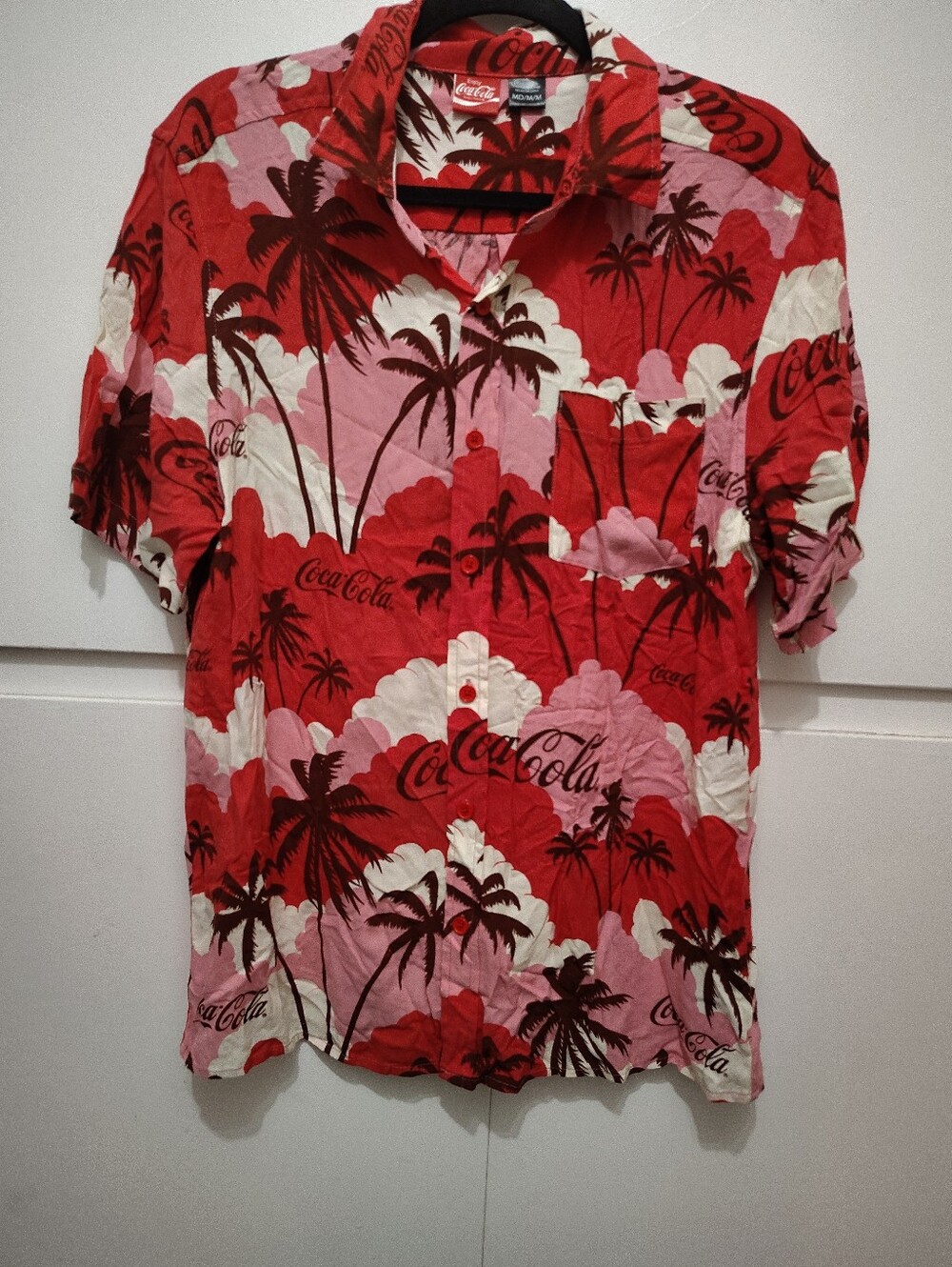 Coca Cola Hawaiian Shirt Men's M Rayon Red Pink Palm Trees Tropical Aloha Retro